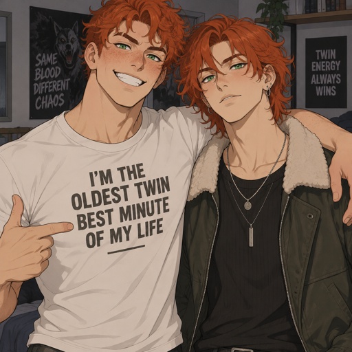 Twin brothers adults,orange red bushy curly hair,green eyes,light skin,one brother is taller and stronger with freckles, the other brother is thinner,no freckles,the skinny one has a orange red little longer curly hair,earrings,nice jacket and two necklace,other brother is buffer orange red curly hair,big grin,right eyebrow shaved in the middle,freckles,has a teeshirt that says “I’m the oldest twin best minute of my life”