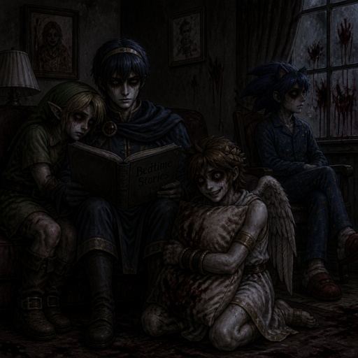 Super smash brothers young link from legend of Zelda, pit from kid Icarus, Marth from fire emblem, sonic the hedgehog as a human It's night time all are in the living room marth is reading a bed time story to the rest, young link is falling asleep leaning on Marth, pit is on the floor hugging a pillow looking at marth intrigued by the story Sonic is on a chair with his one leg over the other listening and staring out the window all are wearing pjs
