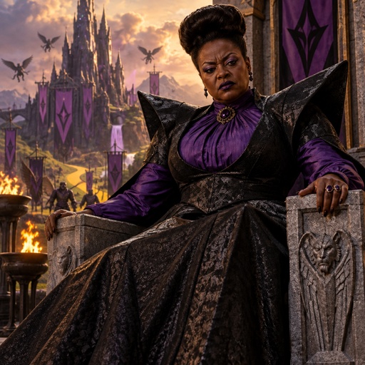 a woman sitting in a chair in front of a castle