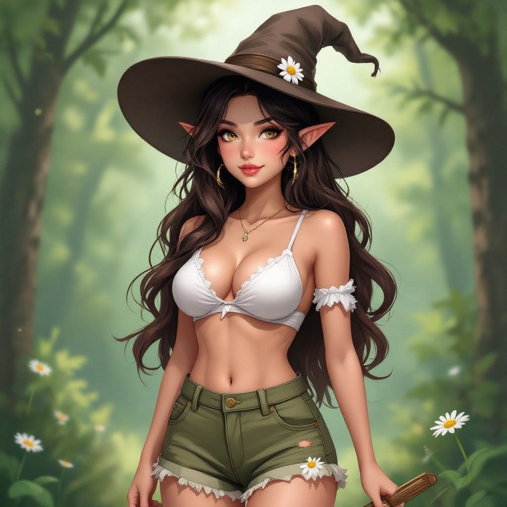 Dark Brown Hair Elf Witch Librarian up in Witches Hat. In Khaki Daisy Dukes and White bathing suit top