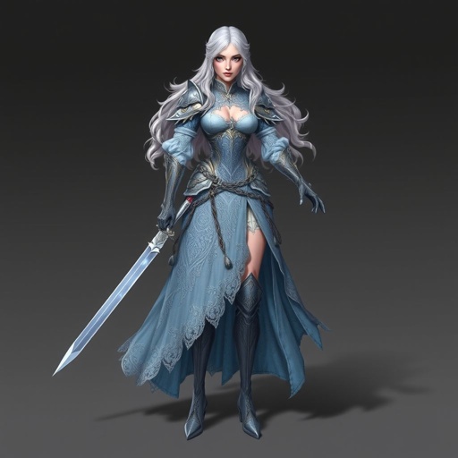Create a battle woman hero called Alvara the Frostheart. Show full body head to toe including shoes
