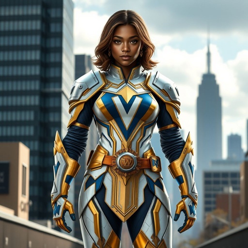 A teenage African American female superhero with slightly curly hair in a shoulder length side part style wearing a slightly medievally armored white and Gold suit with blue accents and a stylized V as her chest emblem a utility belt and gold boots standing in Philadelphia