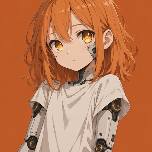 Cyborg, child, orange hair shoulder length, golden eyes