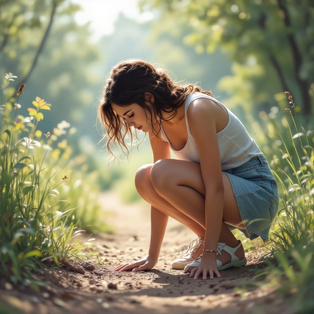 Girl bent over looking at something on the ground with the camera behind her