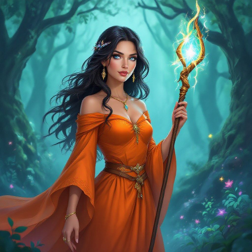 Princess. Middle aged. Olive skin. Blue eyes. Dark hair. Wearing orange dress. 