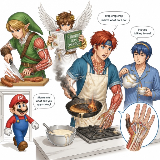 Super smash brothers link from legend of Zelda, pit from kid Icarus, Marth from fire emblem,Roy from fire emblem, there trying to make breakfast Roy in casual clothes accidentally got pancake batter on himself holding frying pan that caught on fire saying “crap,crap,crap marth what do I do!" link cutting sausages on cutting board really fast in casual clothes ,pit trying to read the cookbook but it's upside down and he can’t read in casual clothes, Marth wearing his pajamas making himself some tea with a tired face expression Marth sleepily replies to Roy saying “Hu you talking to me?” Mario walks in the kitchen then says "Mama mia! what are you guys doing!”
