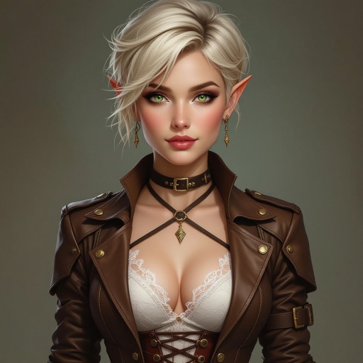 🎨 Ffionna Baelyn — Integrated Lace Underdress Variant  Semi-realistic fantasy portrait of Ffionna Baelyn, a female High Elf rogue assassin with an athletic, slender build. She has a short blonde pixie cut with layered texture and side-swept fringe, fair ivory skin with warm undertones, and bright green eyes with faint gold flecks. Her cropped brown leather jacket is cut at her chest with brass buckles and corset fastenings. Beneath her armor, she wears a fitted silver-white sheer lace underdress — thin, semi-transparent, and close to her body — visible at the neckline, sleeves, and lightly through the upper thighs beneath her leather layers. Her short black-brown leather skirt is solid and structured, with no lace on its surface, designed for movement and precision. The lace acts as a base layer, subtly glowing in soft light. She wears fingerless gloves and thigh-high strapped boots. Lighting is soft and cinematic with a neutral background, full-body to shins, following the 8-heads rule. 