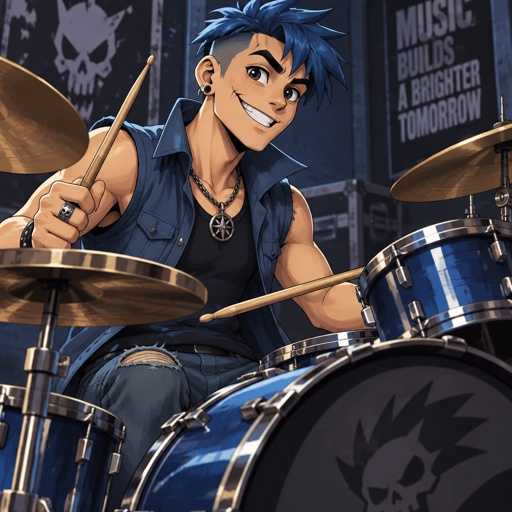 male undercut spiked up blue hair, scar on mouth, large eyes, ear piercings, rings, bracelet, blue upturned collar sleeveless shirt, jeans, necklace, smile, playing drums,