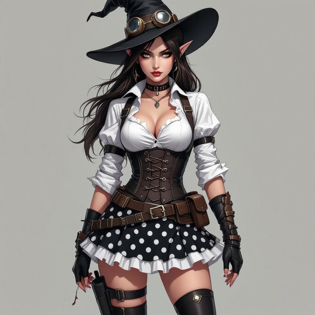 Brunette witch elf in a battle worn and damaged tight black and white polka dot mini skirt and white blouse and witches hat. The outfit had seen wear and tear