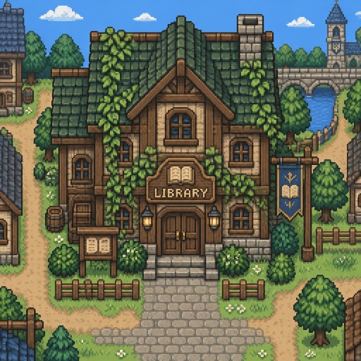 Village small cozy old library wood vines for a modern fantasy game, exterior, top down style