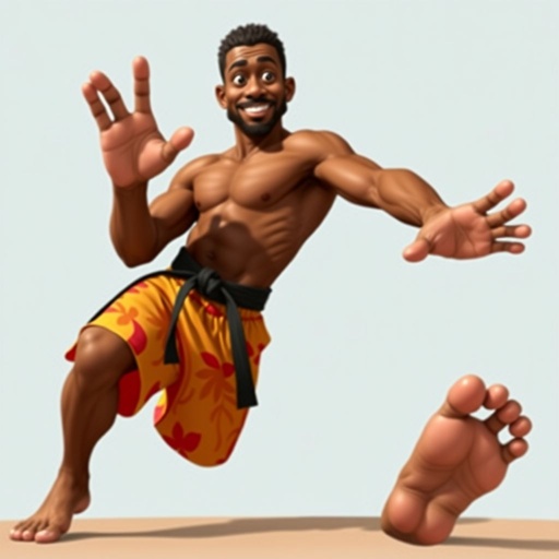 Create a character who looks like a funny African karate guy who doesn’t have a clue what he is doing. Make him have weird toes, only speedos on and a black karate belt.