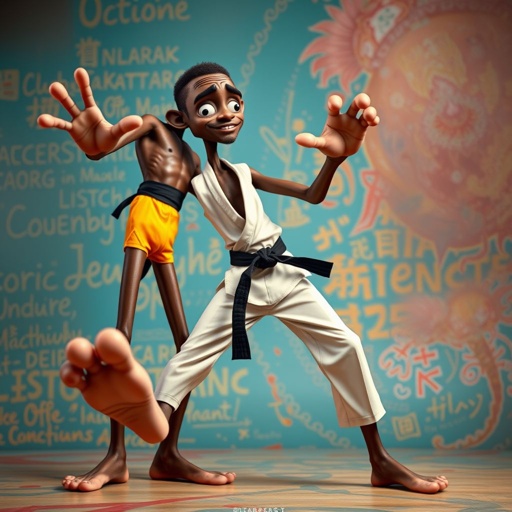 Create a character who looks like a funny African karate guy who doesn’t have a clue what he is doing. Make him have weird toes, only speedos on and a black karate belt. Make him tall skinny and slinky.
