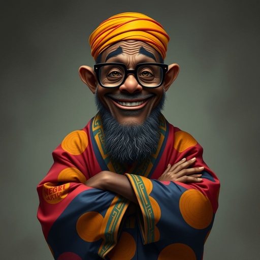 Create a funny looking African sensei. Show the whole character from head, body , legs , feet and make him serious. 