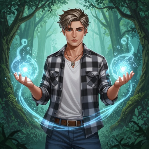 A 20 year old guy with grey eyes, light brown hair styled in a loose undercut modern curtain, wearing white airforce shoes, a white under shirt with a grey, black, and white plaid shirt with blue jeans
