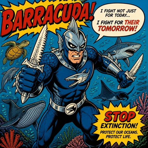 He is called Barracuda, . He is a superhero. Put knives in his hand shaped like barracuda sharp teeth. Give him legs like    for the fight to STOP Extinction of our endangered marine life.  