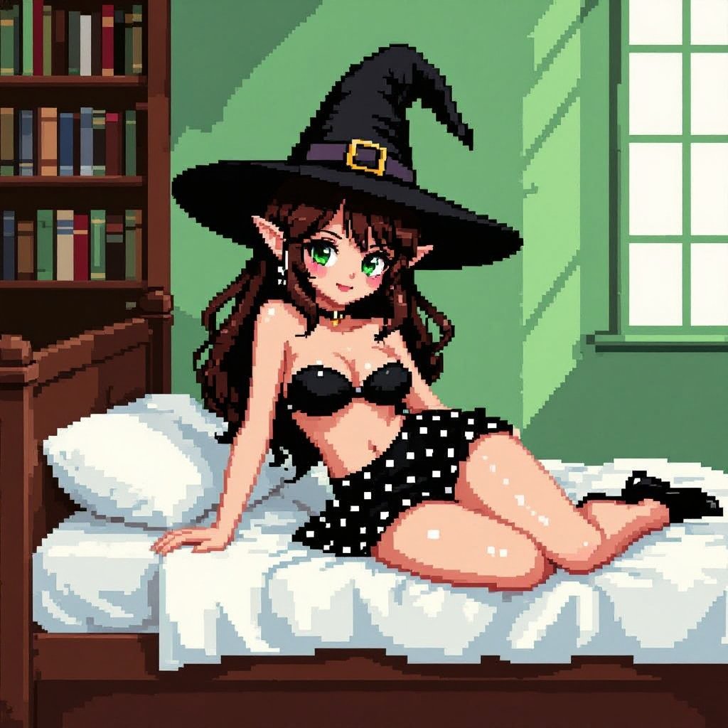 Dark Brunette Elf Witch Librariani with With Hat. Strapless Bathing Suit Top and Black and white Polka Dot Mini Pencil Skirt laying on Library Bed