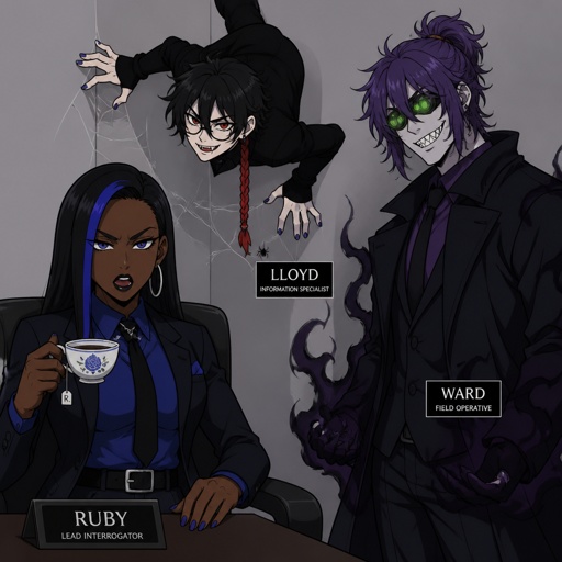 Anime style, Ruby she's dark skin with silk press hair with a streak of blue, serious, intimidating, plays by the rules makes sure she gets all the answers she needs and makes sure those she interrogators gives her all the answers, very good at interrogating the suspect, is pretty loud, staying calm is hard but she tries to be, loves tea, can be pretty reckless. Anime white male, name Lloyd, hair messy long one loose braid, black hair with light red stripes, clean shaven,red eyes, long scary fingers spider fangs, glasses, earrings, wearing casual attire, sarcastic, sassy, laugh mockingly, traumatized,was a unwillingly experiment many years before getting rescued, no memory of his past, has power of a spider, poisonous crawls on walls and ceiling, makes spider webs with his hands, can communicate and control spiders being taken care of in a special agency. Anime style, Agent Ward male, made in secret lab to be best weapon,highly skilled, kept in check, emergency backup case gets out of control, hair violet messy bun, clean shaven,night vision eyes, sharp teeth, dark power from experiment, tired, tall, dangerous, intimidating