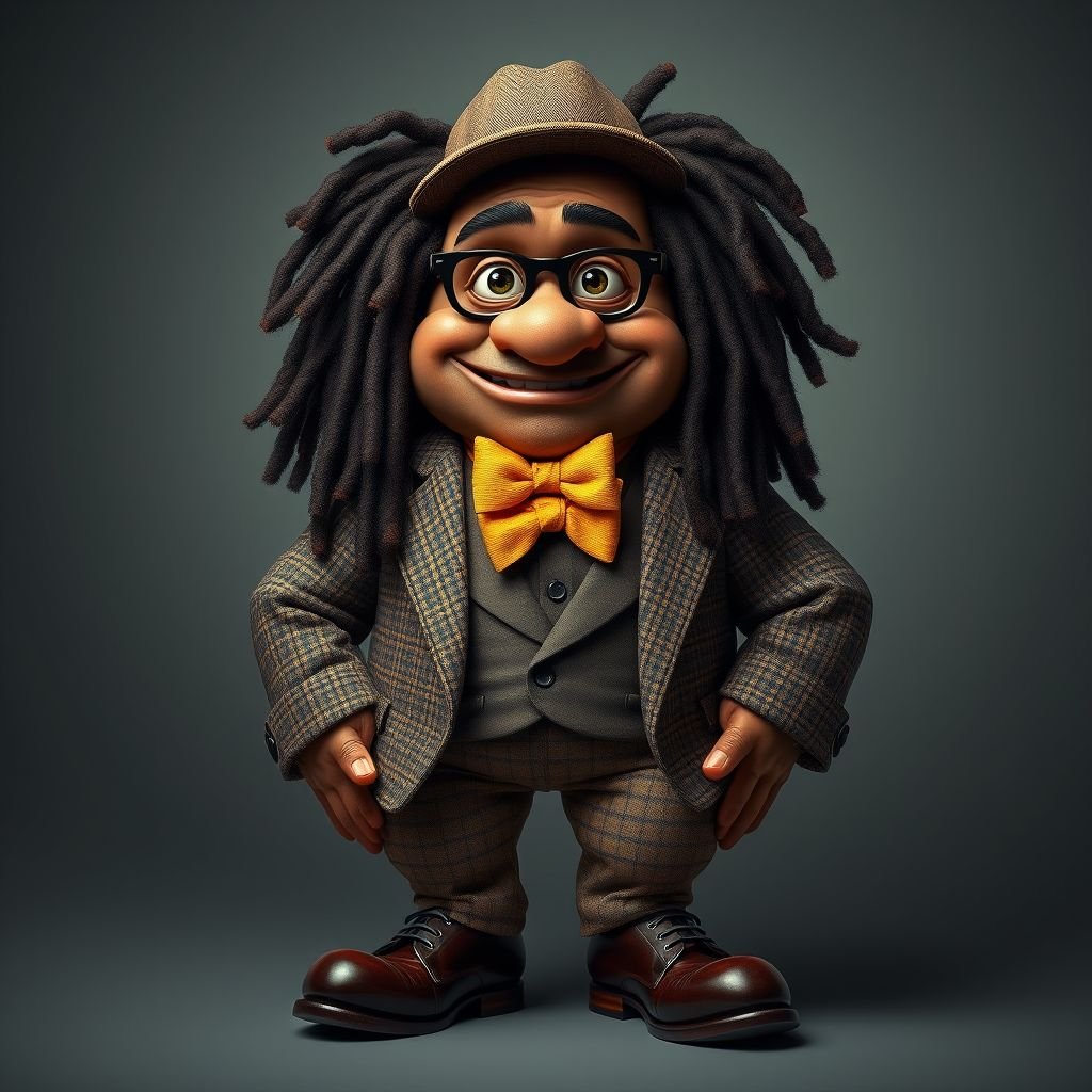 Create a funny serious fat character similar to Sherlock Holmes, but make him of black decent and with dread locks. Show his whole outfit including his shoes.