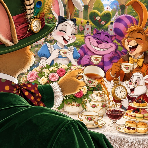 a painting of a tea party with bunnies and rabbits