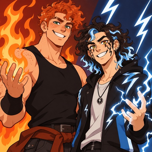 Twin brothers adults, orange red bushy curly hair, green eyes, light skin, one brother is taller and stronger with freckles, the other brother is thinner, no freckles, the skinny one has light blue and lightning white streaks colored curly longer hair sticking up at bottom lightning hair Static Electricity ,grinning, white eyes with light blue in the middle, six lightning mascara down face, earrings, lightning powers longer curly hair, earrings, other brother is buffer orange red curly hair, big grin,right eyebrow shaved in the middle,freckles Male, yellow orange and red curly hair, hair looks like fire,grinning, right eyebrow shaved in middle, green eyes, has fire powers, eye colors are yellow orange and red fire 