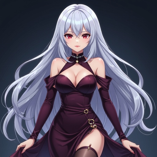 A teenage girl with long silver hair and red wine eyes and is a idol full body pic