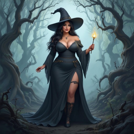 A full body portrait of a curvey plus size witch with long hair and a very dark graywitch hat that matches with her dress, with a small wand in her hand, standing in a rotting forest