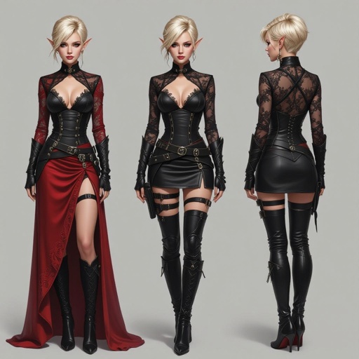 Blonde pixie cut Female High Elf Cop Assassin in Black and Red Shear Lace & Leathers and Skirt full body