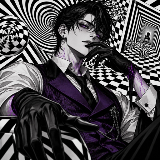 Male, slim, slight eye bags, black messy hair, back hair, brushed side hair, strands of hair in the middle of forehead, ear piercing ring, gloves, purple glowing veins, purple vest, white shirt, no facial hair, bad guy,