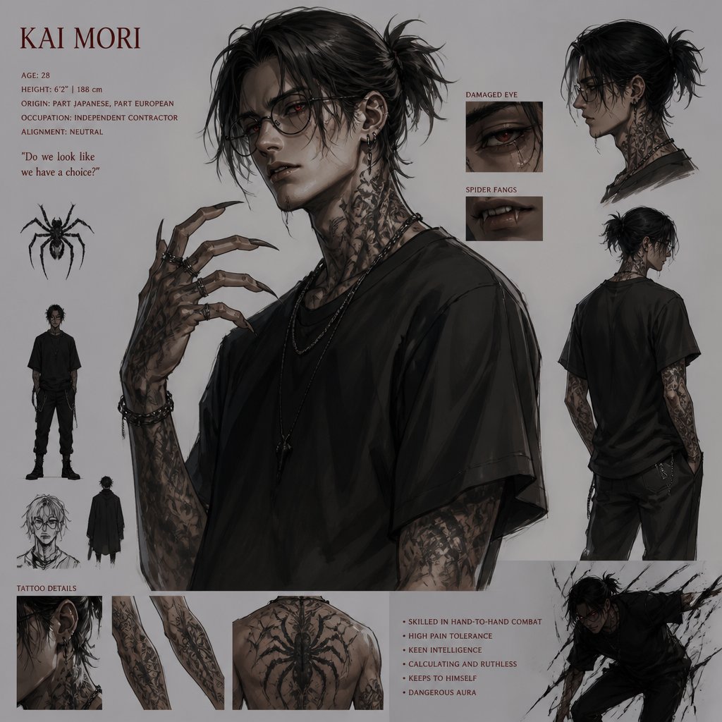 Anime male part Asian part white,hair messy short ponytail,clean shaven,highly skilled tall, migraines, sarcastic ,red glowing eyes,one eye is damaged,serious face,been experiment on for many years until finally rescued ,hates people,has power, dangerous,hates being told what to do,glasses, loves spiders, earrings,tattoos, agrees to help people but on his terms hard to figure him out,doesn't remember anything from his past before the experiment, long scary fingers, spider fangs, traumatized