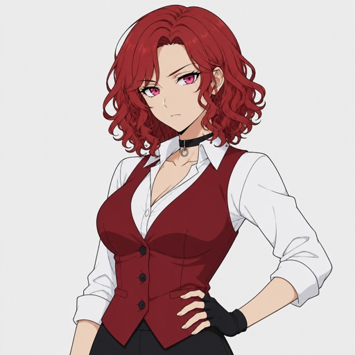 Female , 24, shoulder length red curly hair, serious , suit vest red,white shirt,  pink eyes, choker, short black gloves, 