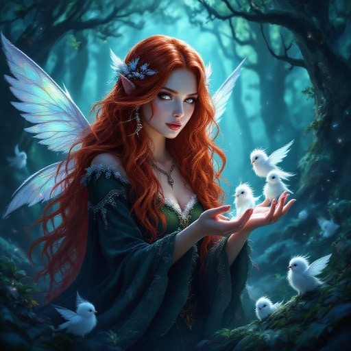 witch with long shimmering red hair and skin with small fluffy winged creatures around her 