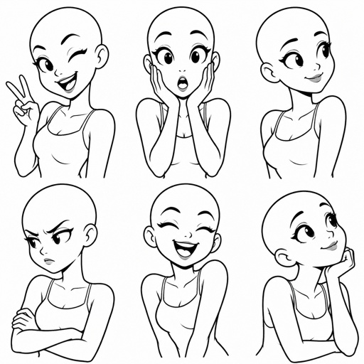 Different face expressions female drawing half body base, dynamic, bald, separate face expressions head different directions, no color