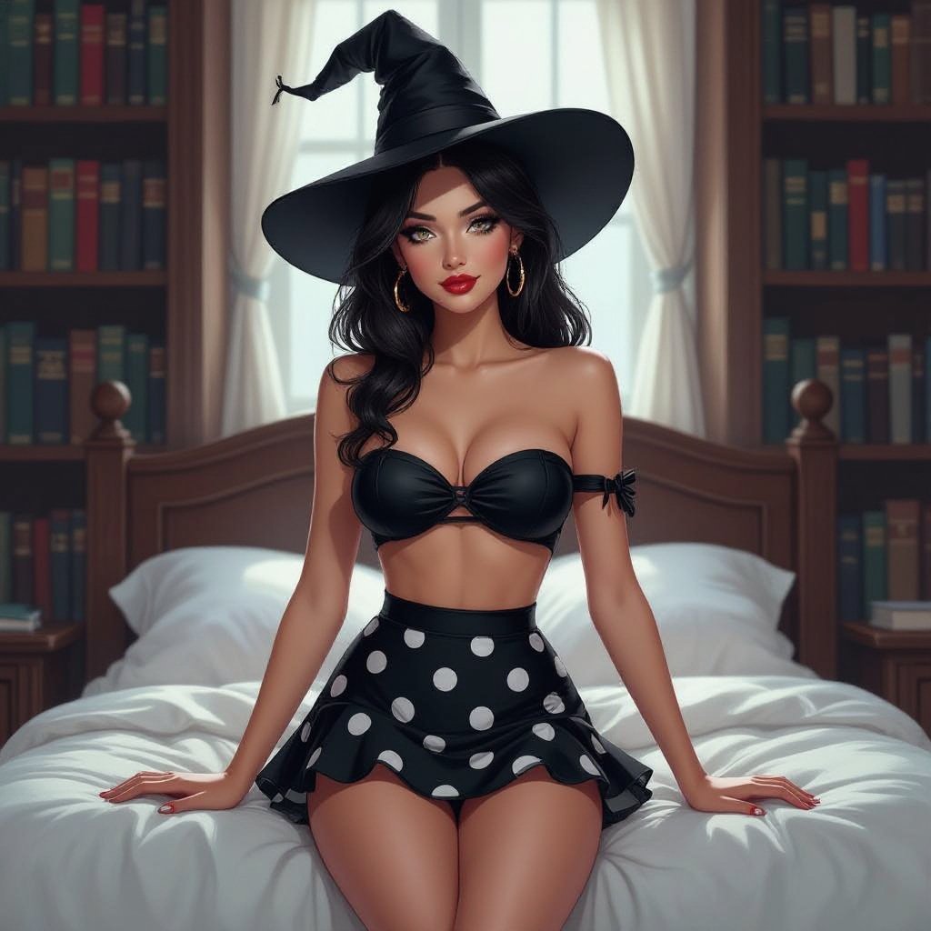 Dark Brunette Elf Witch Librarian with With Hat. Strapless Bathing Suit Top and Black and white Polka Dot Mini Pencil Skirt on Library Bed
