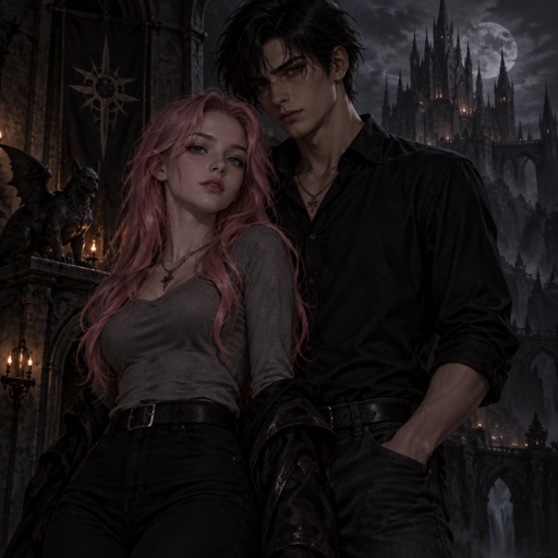 An 18 year old girl who has pink hair and blue eyes. She looks confident but still has a certain softness in her features. She is wearing a gray shirt and black pants. With her is a 19 year old boy who has black hair and really dark brown eyes. He’s tall. He is wearing a black shirt and jeans. 