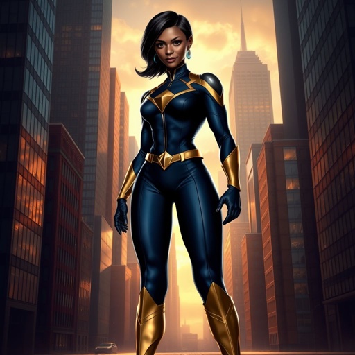 African American female superhero with hair in a shoulder length side part hairstyle with pure Gold Glowing eyes wearing a navy blue and gold accented suit with navy blue pants and gold knee length boots with a diamond with the top half gold and the bottom half black as her chest emblem in Philadelphia