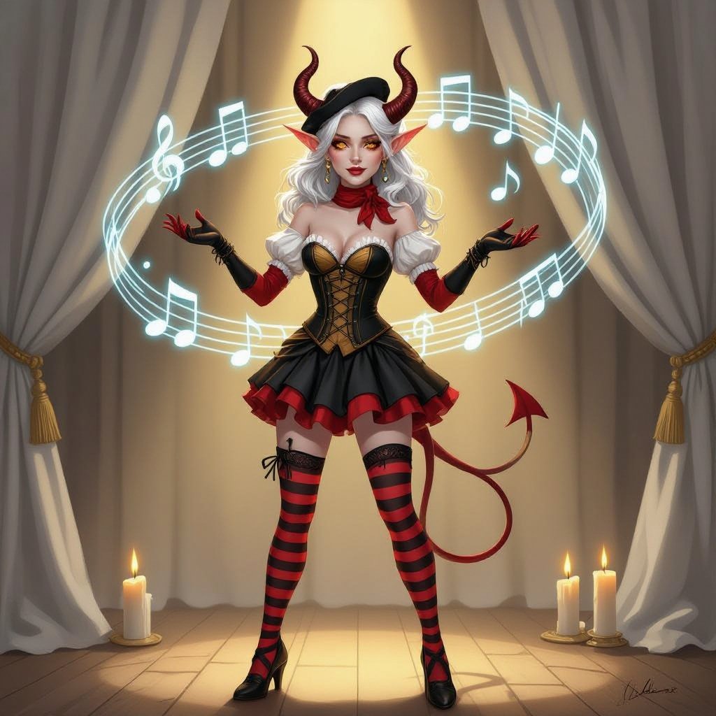 A semi-realistic fantasy portrait of Evangeline Ivey, the Fierna Tiefling Bard of the College of Glamour, captured mid-performance on her candlelit stage.  She stands full-body beneath soft golden light, ivory curtains draped behind her, and glowing blue musical notes spiraling through the air as if alive with her magic. Her porcelain-pale skin (#F3EDEB) gleams in the warm light, contrasting against her long silver-white hair (#D6D6DA) cascading around her shoulders. Her amber-gold eyes (#C88C21) are wide with theatrical expression, her mouth open in mid-song or gasp. Dark brown ridged horns (#4A3A2C) curve elegantly from her brow, and her pale devil’s tail curls behind her, tipped red-and-black like an exclamation mark of performance.  Outfit — “Infernal Mime” Parody Costume: • Black-and-deep-red striped bodice with suspenders and gold buckles • Short flared skirt trimmed with faint gold edge • Matching striped thigh-high stockings and long fingerless gloves • Red silk neck scarf tied neatly at her throat • Black heeled shoes and beret with her horns peeking through  Scene & Lighting: Warm candlelight and soft shadows create a theatrical glow across the stage floor and her form. The air is alive with faint magical motes shaped like music notes, curling around her in shimmering blue light.  Mood & Expression: Expressive, whimsical, and dramatic — a parody of classic mimes infused with bardic flair. Evangeline’s pose is mid-gesture, both hands raised as if she’s frozen between song and spell, her eyes alight with mischievous emotion and glamourous command.