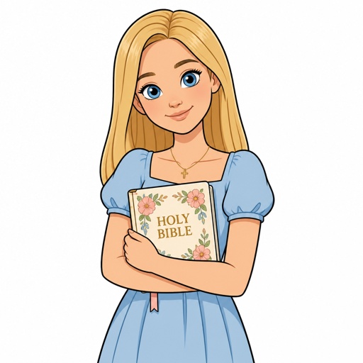 16 straight blonde hair blue eyes wearing a dress holding a floral Bible