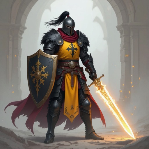 A knight garbed in armor made of black metal feather and with quartered pattern yellow, maroon  surcoat