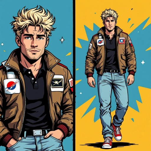 man with Dirty Blonde Unkempt Hair.  Astronaut Flight Jacket Black And White Polo and Light blue denim jeans with red sneakers