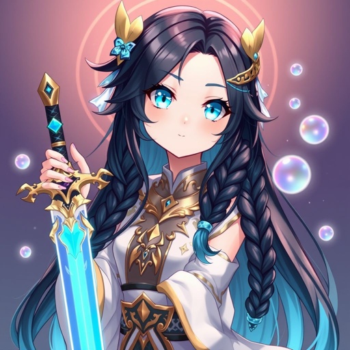 A young female with fair skin and vibrant aqua eyes. Black hair with cyan tips in the form of two braids. Wearing a royal goddess two piece outfit holding a small but legendary sword