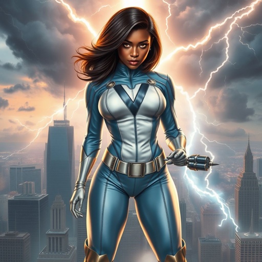 African American female superhero with hair in a shoulder length side part hairstyle with pure Gold glowing eyes wearing a leather light blue white and silver suit with light blue pants and silver boots and a V as her chest emblem controlling a storm in Philadelphia