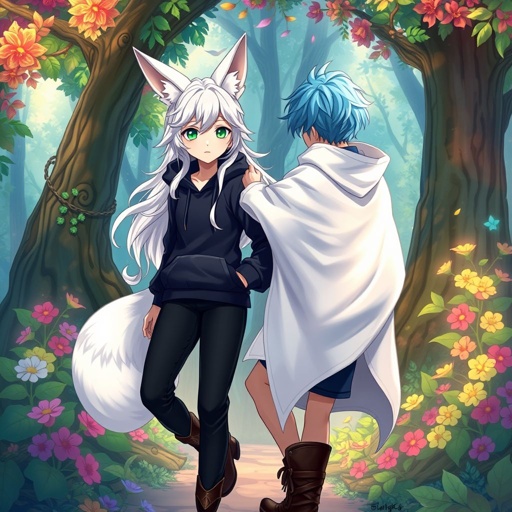 A pale teenage girl wearing a black hoodie and royal black trousers with emerald eyes and hair as white as snow and small fox ears bump into a young man with beige hair in the style of a braided half-up wearing a blue shirt and white cloak, black shorts, tights and boots with ocean blue hair