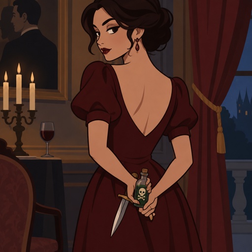 Woman with a knife and a bottle of poison behind her back 
