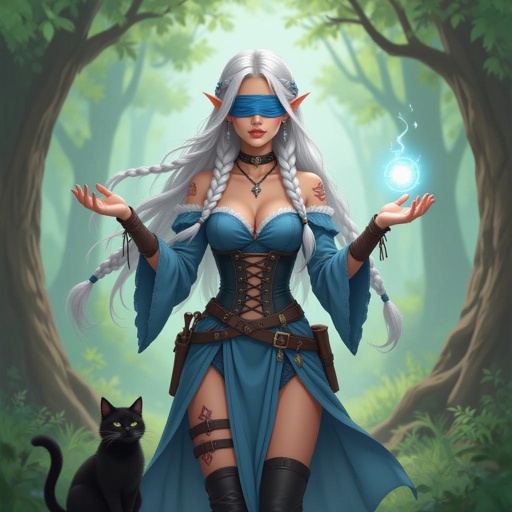 She is an Elvin wizard age 19. She is tan She is 5'6 and She has platinum hair that is long with some small braids with her hair flowing behind her .She had a blue blind fold covering her eyes. She has scars on her face and neck. She is wearing a blue dress to match the blind fold. The dress has two leg slits and is a corset she has flowy sleeves that cover her arms completely. Her left leg has a knife holder with a knife in it strapped to her leg. With her hand she is casting a small light ball. She has a large black cat by her feet. She is wearing boots to match the black corset. She is standing in the woods. The trees making an arch way behind her.