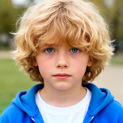 Boy with fluffy medium length blond hair white shirt blue hoodie blue eyes