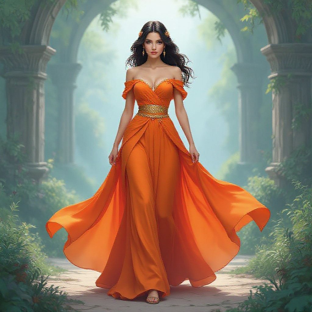 Princess. 40 years old. Olive skin. Blue eyes. Dark hair. Wearing orange dress. 