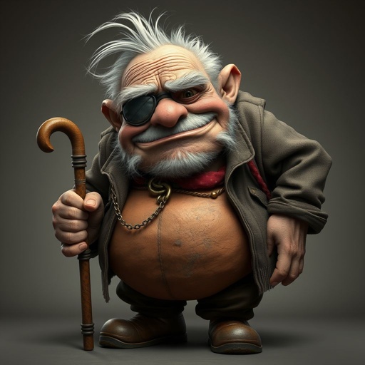 Create a grouchy funny old character who has 1 eye patched. Make him fat with a cane. Show his whole character head to toe in image 