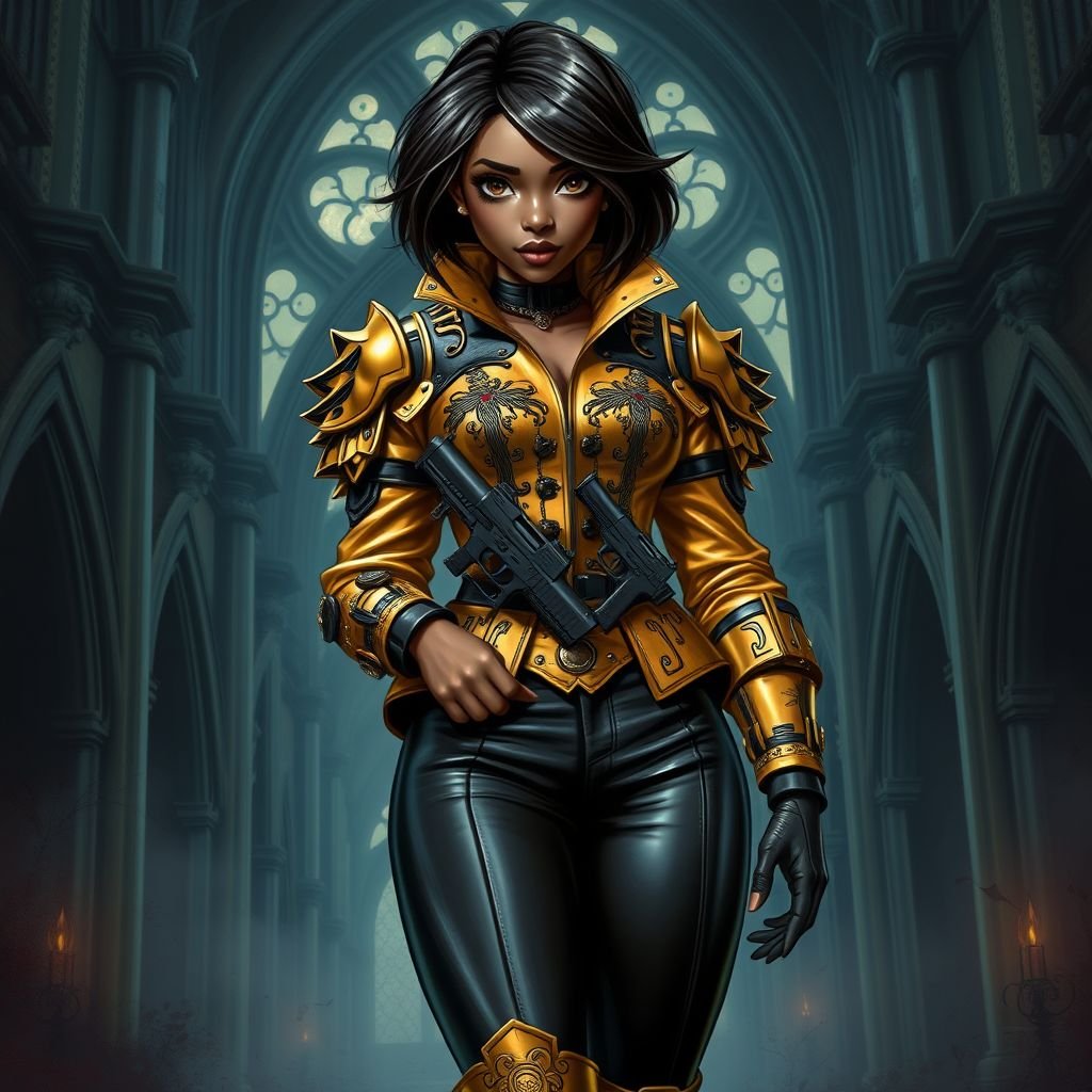 A teenage African American female with shoulder length hair  in a side part style wearing an armored gold leather jacket with black accents black leather pants and gold boots with a gun belt and two guns on her hips