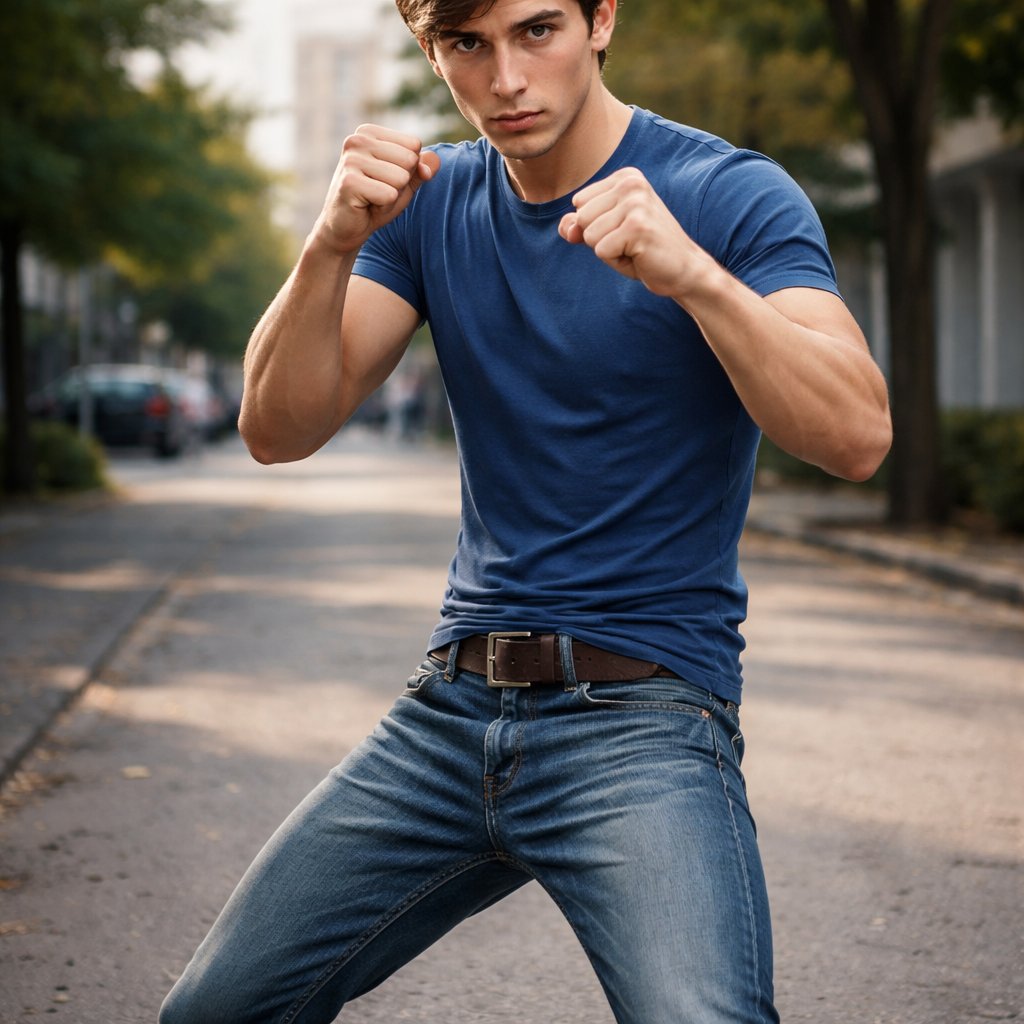 A 19 year old boy who has brown hair and brown eyes. He is wearing a blue shirt and jeans. He looks strong. Full body and face appearance can be seen. He looks ready to fight.