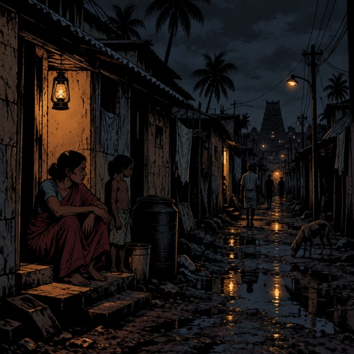 No speech bubbles no print dots, highly realistic a slum in the south late evening very dark